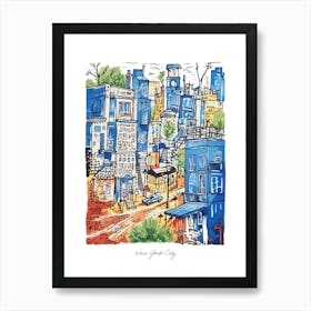 New York City Illustration Line Art Travel Blue Art Print