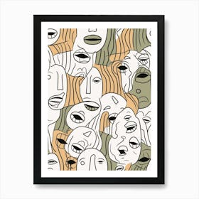 Khaki Green Abstract Face Line Drawing Art Print