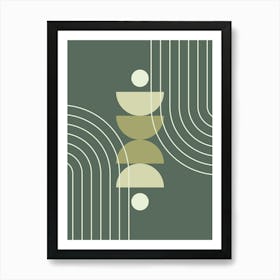 Modern Mid Century Sun, Moon Phases and Rainbow Abstract 32 in Forest Sage Green Art Print