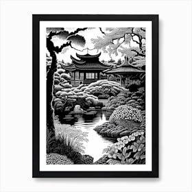 Japanese Friendship Garden, 1, Usa Linocut Black And White Vintage Art Print