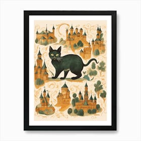 Black Cat In The Style Of A Medieval Map Art Print