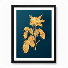 Vintage Red Gallic Rose Botanical in Gold on Teal Blue n.0276 Art Print