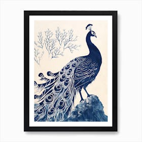 Peacock On A Rock Linocut Inspired 3 Art Print