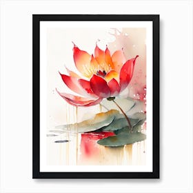 Red Lotus Storybook Watercolour 5 Art Print