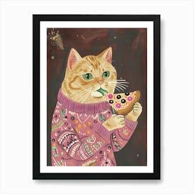 Cat In A Sweater Pizza Lover Folk Illustration 5 Art Print