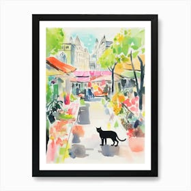 Food Market With Cats In Sydney 1 Watercolour Art Print