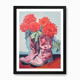 A Painting Of Cowboy Boots With Red Flowers, Fauvist Style, Still Life 2 Art Print