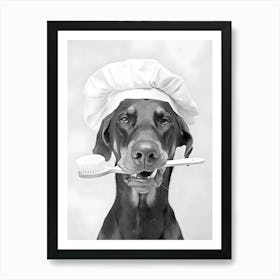 Doberman Dog Wearing A Chef S Hat, Holding A Toothbrush In Its Mouth Art Print