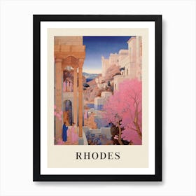 Rhodes Greece 4 Vintage Pink Travel Illustration Poster Art Print