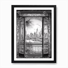 Window View Of Dubai United Arab Emirates   Black And White Colouring Pages Line Art 4 Art Print