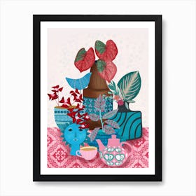 Red Folliage In Blue Vessels Art Print