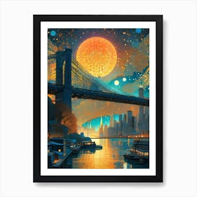 Brooklyn Bridge - Iconic New York Trippy Abstract Cityscape Iconic Wall Decor Visionary Psychedelic Fractals Fantasy Art Cool Full Moon Third Eye Space Sci-fi Awesome Futuristic Ancient Paintings For Your Home Gift For Him Art Print