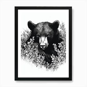 Malayan Sun Bear Hiding In Bushes Ink Illustration 1 Art Print