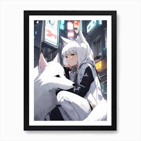 Anime Girl With White Wolf Art Print