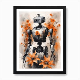 Robot Abstract Orange Flowers Painting (1) Art Print