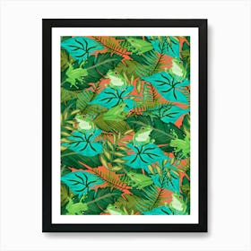 Hiding Tropical Tree Frogs in Green Foliage on Coral Orange Art Print