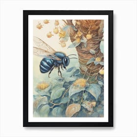 Blue Carpenter Bee Beehive Watercolour Illustration  2 Art Print