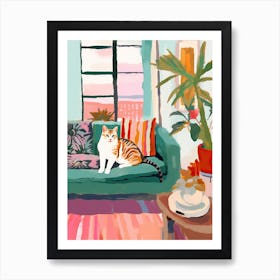 Ginger Cat On A Sofa In Boho Living Room Painting Animal Lovers Art Print