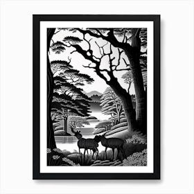 Nara Park, 1, Japan Linocut Black And White Vintage Art Print