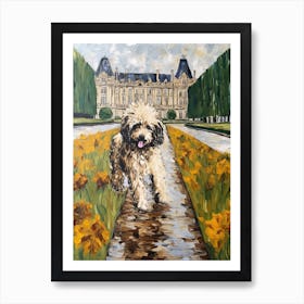Painting Of A Dog In Versailles Gardens, France In The Style Of Gustav Klimt 01 Art Print