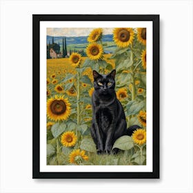 Black Cat In Sunflower Field Art Print