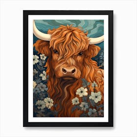 Wavy Line Highland Cow At Night Illustration 1 Art Print