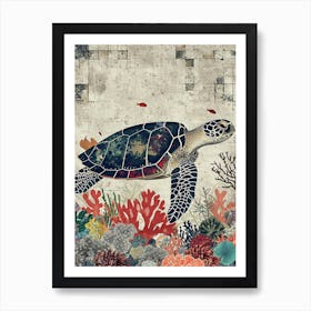 Sea Turtle Coral Textured Collage 1 Art Print