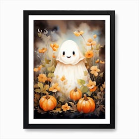 Cute Bedsheet Ghost, Botanical Halloween Watercolour 134 Art Print