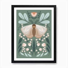 Moth On A Muted Green Background Botanical 2 Art Print