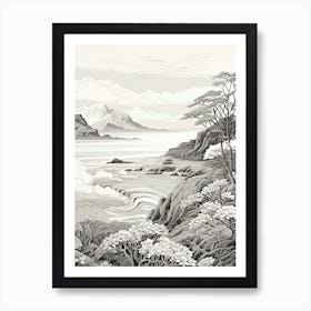 Shiretoko Peninsula In Hokkaido, Ukiyo E Black And White Line Art Drawing 4 Art Print