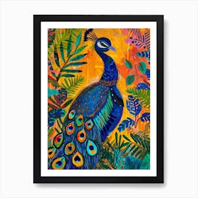 Peacock With Tropical Plants Gouache Painting Art Print