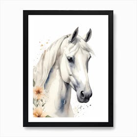 Floral White Horse Watercolor Painting (22) Art Print