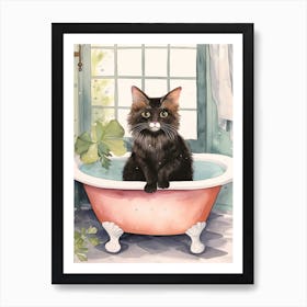 Black Cat In Bathtub Botanical Bathroom 1 Art Print