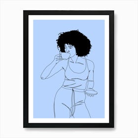 Afro Girl Drinking Coffee Monoline Hand Drawing Illustration Art Print