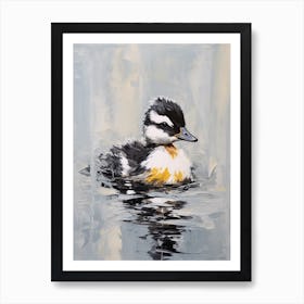 Black & White Painting Of Duckling Gliding Along The Pond 3 Art Print