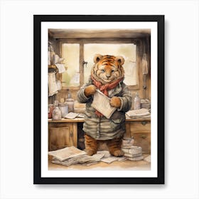 Tiger Illustration Collecting Stamps Watercolour 1 Art Print