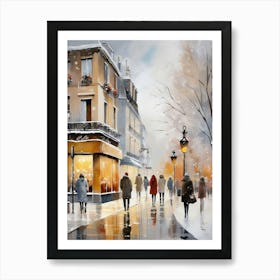 Paris cafes, winter season, Christmas, autumn oil colors, pale colors, pedestrians in the street, winter clothes, falling snow.Christmas decorations.8 Poster