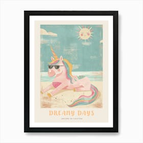 Unicorn Sunbathing On A Beach With The Sun Pastel Storybook Style Poster Art Print