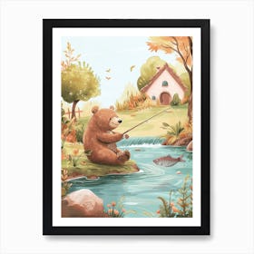 Sloth Bear Fishing In A Stream Storybook Illustration 3 Art Print