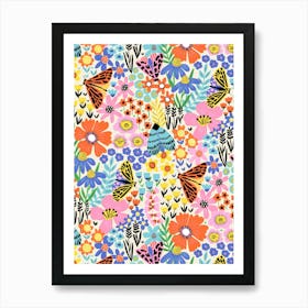 Colorful Flower Meadow And Butterflies 1 Art Print