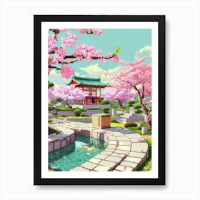 A Serene Zen Garden With Pixelated Cherry Blossoms Art Print