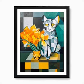 Daffodils With A Cat 3 Cubism Picasso Style Art Print