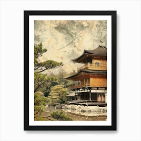 Kinkaku Ji Golden Pavilion Japan Mid Century Modern Art Print