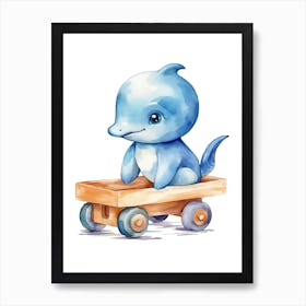 Baby Dolphin On Toy Car, Watercolour Nursery 0 Art Print
