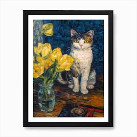 Still Life Of Ranunculus With A Cat 1 Art Print