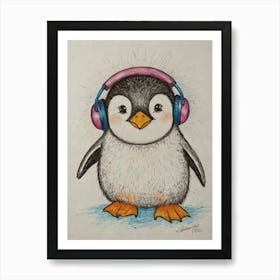 Penguin With Headphones 4 Art Print