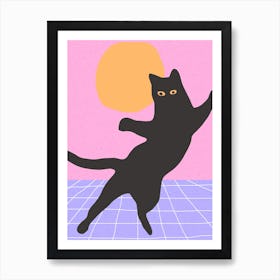 Funny Minimal Black Disco Cat Jumping 2 Art Print