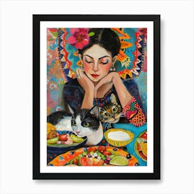 Portrait Of A Woman With Cats Eating Tacos 3 Poster