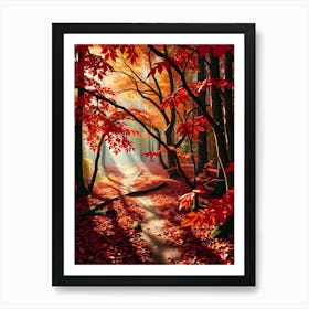 Forest Path Red Nature Art Print