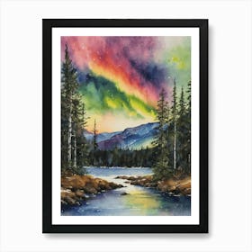The Northern Lights - Aurora Borealis Rainbow Winter Snow Scene of Lapland Iceland Finland Norway Sweden Forest Lake Watercolor Beautiful Celestial Artwork for Home Gallery Wall Magical Etheral Dreamy Traditional Christmas Greeting Card Painting of Heavenly Fairylights 1 Art Print